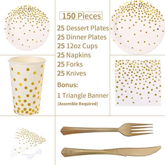 150 Pcs White and Gold Party Supplies Golden Dot Disposable Party Dinnerware Includes Paper Plates, Napkins, Knives, Forks, 12oz Cups, Banner, for Bridal Shower, Engagement, Wedding, Serves 25 {5}