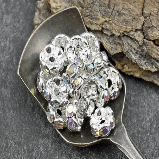 Silver w/ Crystal AB Rhinestone Wavy Edge Rondelle Spacer Beads {1}