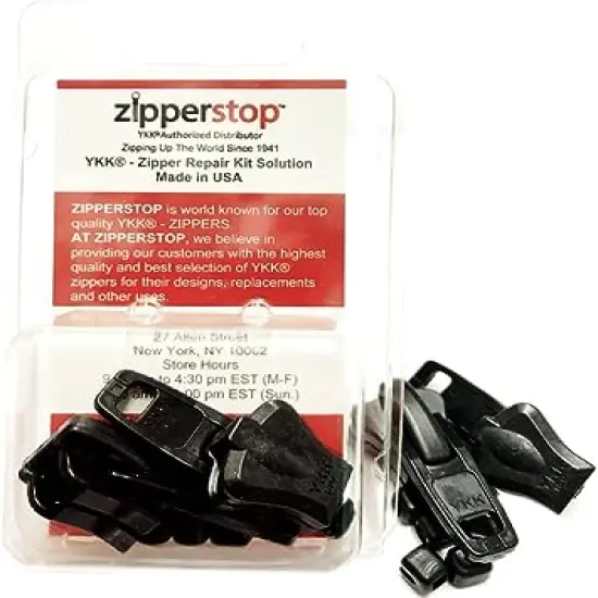 YKK Zipper Repair Kit Solution Vislon #10 Slider/Pull Type Plastic - Top Stoppers (Made in USA) in Clamshell Box w/Hanger (Automatic Lock, Black 2 Pulls-top Stoppers) {1}