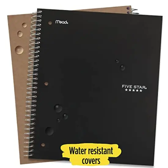 Spiral Notebook 5-Subject Wide Ruled Paper Fights Ink Bleed Water-Resistant Cover 8" x 10-1/2" 200 Sheets Black {4}