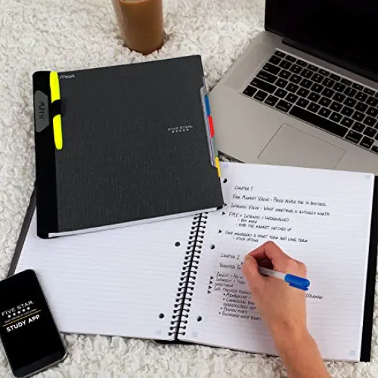 Spiral Notebook with Study App 5-Subject College Ruled Paper Advanced Notebook with Spiral Guard Movable Tabbed Dividers and Expanding Pockets 8-1/2" x 11" 200 Sheets Black {1}