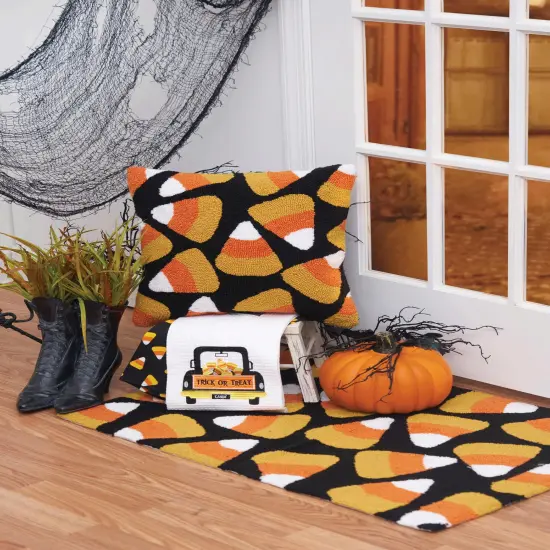 Candy Corn Halloween Hooked Pillow, 18" x 18" {3}