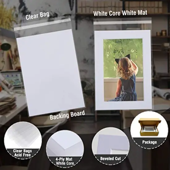 25 Pack 5x7 Pre-Cut Mat Board Show Kit for 4x6 Photos, Prints or Artworks, 25 Core Bevel Cut Matts and 25 Backing Boards and 25 Crystal Plastic Bags, White {4}