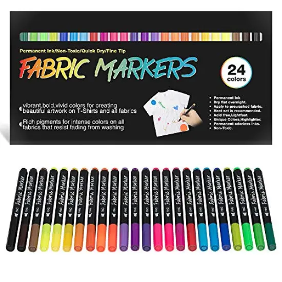 Fabric Markers Permanent - Set of 24 Colors, Fine Tip, No Bleed, Child Safe & Non-Toxic for T-Shirts, Baby Clothes, Onesies, Bibs, White Pillow, Canvas Tote Bags, and Clothing {2}