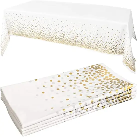 White/Gold Tablecloths, 4pk, 54"x108" - Gold Dot Disposable Tablecloths - Plastic Table Cloth Disposable - White Tablecloths - BBQ, Party, Fine Dining, Wedding, Communion, Baptism Decorations {1}