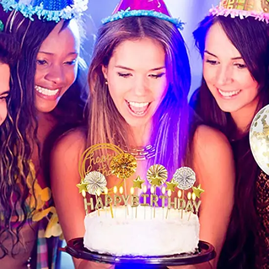 Birthday Candles Set - Cake Topper Decoration with Cake Candles Confetti Balloon Stars and Fan Cupcake Toppers 12 Pieces Birthday Cake Decor for Birthday Party Celebration (Gold) {6}