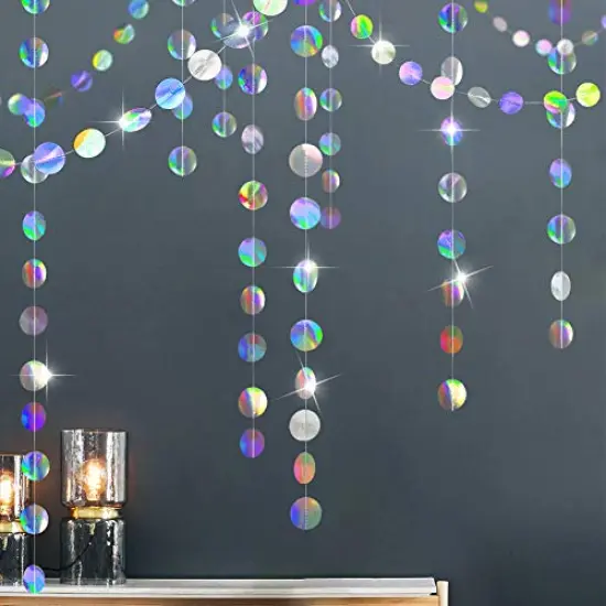 Holographic Circle Garlands - Iridescent Party Supplies, Hanging Streamer Backdrop for Kids Unicorn, Mermaid Theme, Birthday Party, Baby Shower, Graduation, Wedding, Disco, and Bachelorette Party Decor {2}