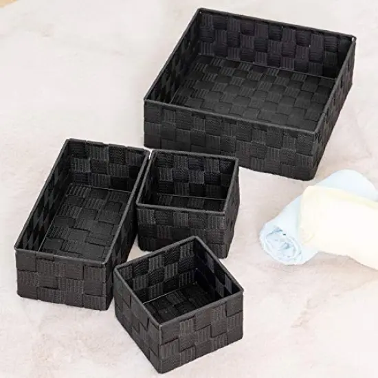 VK Living Woven Storage Box Basket Bin Container, Woven Strap Basket, Nylon Woven Box Basket, Underwear Bra Storage Organizer Divider for Drawer, Dresser, Closet, Black, Set of 4 {2}