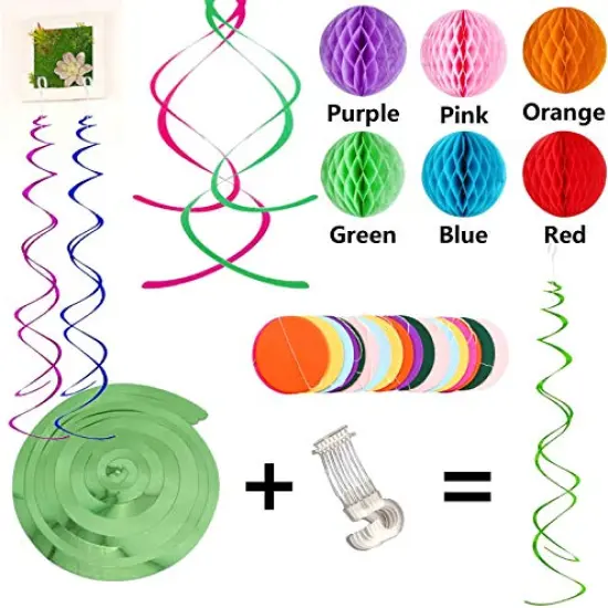 Colorful Happy Birthday Banner with Paper Triangle Flags, Bunting, Circle Confetti Dots, Hanging Garland, Honeycomb Balls, and Swirl Streamers for Birthday and Baby Shower Party Decorations {4}