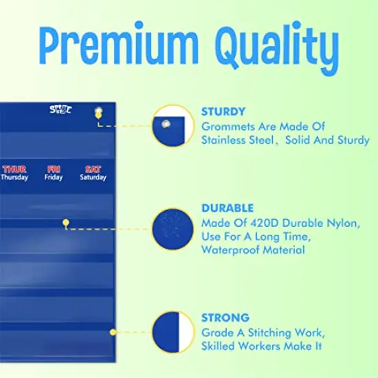 Calendar Pocket Chart Classroom Monthly Chart with 76 Cards 68 Illustrated Activity Cards 8 Dry Erase Blank Cards Plus 3 Over-Door Metal Hangers for Classroom Home or Preschool 20 x 19 Inches {6}