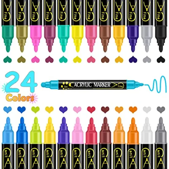 24-Color Dual Tip Acrylic Paint Pens Markers Premium for Wood, Canvas, Stone, Rock, Glass, Ceramic Surfaces DIY Crafts and Art Supplies {1}