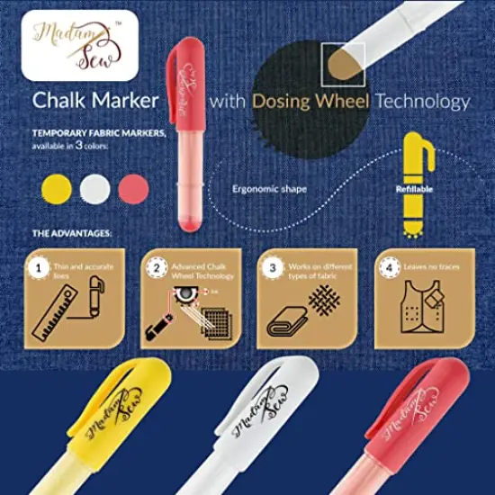 Chalk Fabric Marker for Sewing, Quilting & Crafting | White |Tailors Liner Pen Creates Consistent Erasable Lines with Dosing Wheel Technology | Works on Cotton, Knit, Suede, and All Fabrics {6}