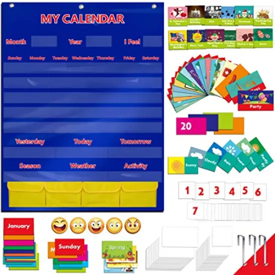 Calendar and Weather Pocket Chart with 148 Cards 108 Illustrated Activity Cards 40 Dry Erasable Flash Cards and 3 Hooks 28 x 35.5 Inches {1}