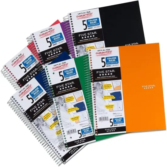 Spiral Notebook with Study App 5-Subject College Ruled Paper Fights Ink Bleed Water-Resistant Cover 8-1/2" x 11" 200 Sheets Black {6}