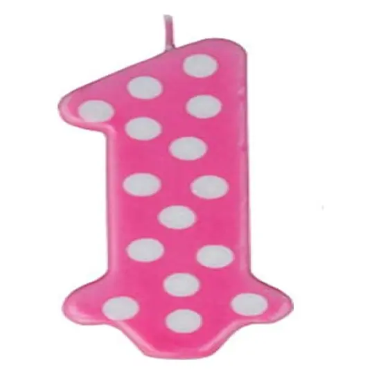 Girl Polka Dot No. 1 Birthday Party Wax Candle For Cake Decorations, 3.25” Tall, Pink & White {2}
