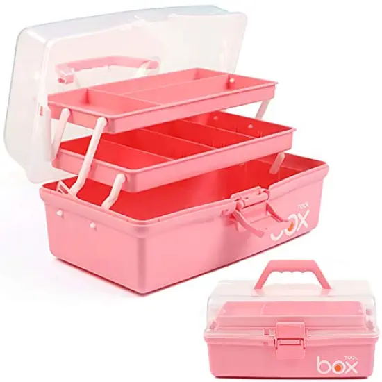 12'' Three-Layer Multipurpose Storage Box Organizer Folding Tool Box/Art & Crafts Case/Sewing Supplies Organizer/Medicine Box/Family First Aid Box with 2 Trays (Pink) {3}