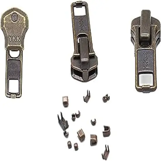Zipper Repair Kit - #7 YKK Antique Brass Auto Lock Sliders - 3 Sliders Per Pack with Top & Bottom Stoppers Included - Made in The United States {1}