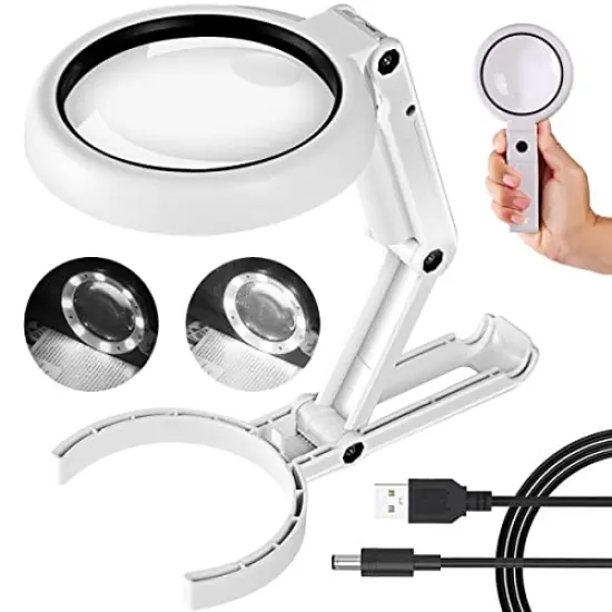 30X 10X Magnifying Glass with Light and Stand, Foldable Handheld Magnifying Glass & 2 Level Dimmable for Close Work, Macular Degeneration, Seniors Reading, Powered by Battery or USB {2}