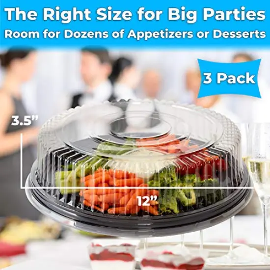 3 Pck Heavy Duty, Recyclable 12 in. Serving Tray and Lid 3pk. Large, Black Plastic Party Platters with Clear Lids Dishware Plate, Elegant Round Banquet or Catering Trays for {3}