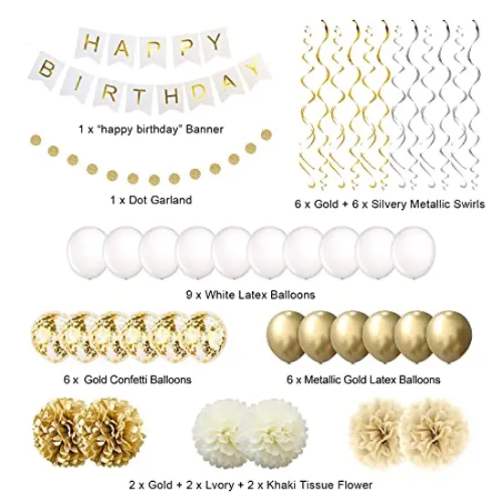 Gold Birthday Party Decorations - Happy Birthday Banner and Supplies for 16th, 18th, 21st, 30th, 40th, 50th, 60th, and 70th Celebrations, Including Gold and White Balloons {1}