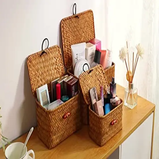 FEILANDUO Shelf Baskets with Lid Set of 3 Handwoven Seagrass Storage Box Wicker Basket Desktop Makeup Organizer Multipurpose Container (Original (S/M/L) {3}