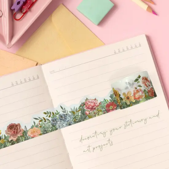 Wrapables Landscape Floral Metallic Gold Foil Washi Tape, 30mm x 3M Spring Roses {3}