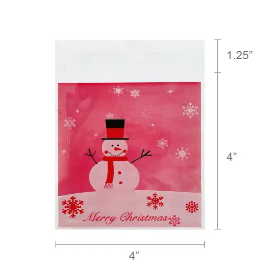 Wrapables Transparent Self-Adhesive 4" x 4" Candy and Cookie Bags, Favor Treat Bags for Christmas Parties and Holidays (200pcs) Snowman Sleigh {4}