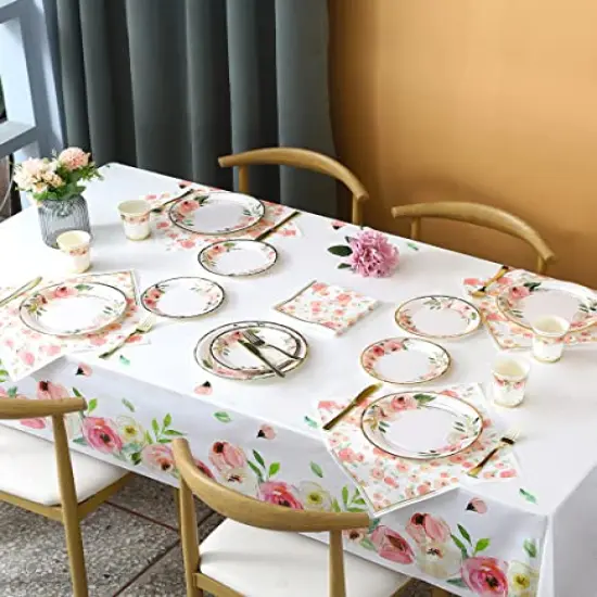 Floral Paper Plates and Napkins Party Supplies - Serves 16 - Flower Plates Floral Party Cups Knifes Forks Floral Baby Shower Decorations for Girl Pink and Gold Bridal Shower Tea Party Birthday {4}