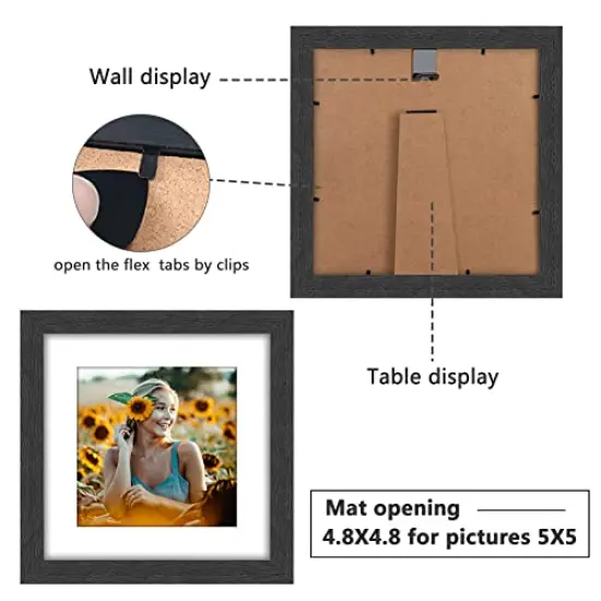 8x8 Picture Frame Rustic Black Wood Set of 6,Display Pictures 5x5 with Mat or 8x8 Without Mat,Multi Photo Frames Collage for Wall or Tabletop Display {5}