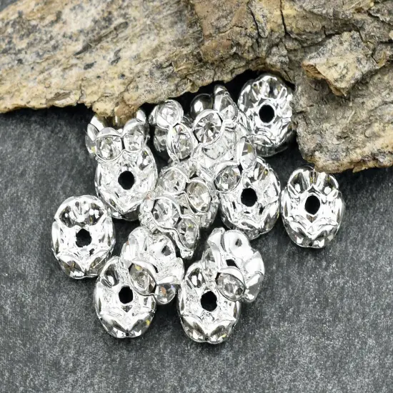 Silver w/ Crystal Rhinestone Wavy Edge Rondelle Spacer Beads {4}