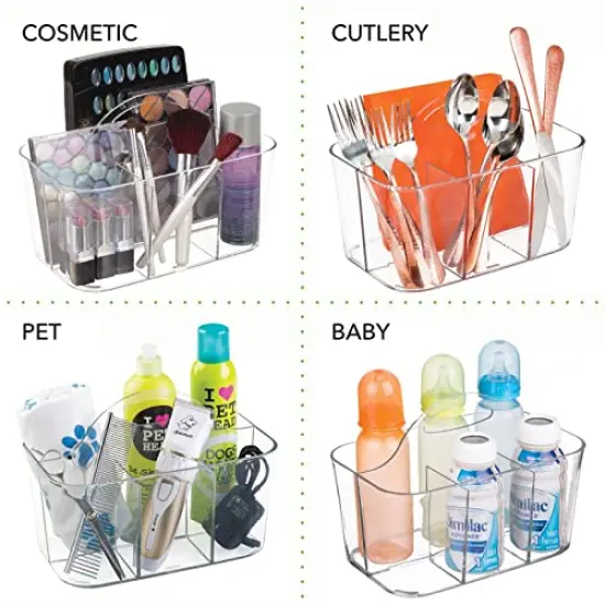Plastic Cutlery Storage Organizer Caddy Bin Tote with Handle - Kitchen Cabinet Divided Pantry Basket for Forks, Knives, Spoons, Napkins, Indoor/Outdoor Use, Lumiere Collection, Clear {4}
