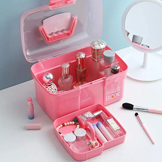 11'' Plastic Storage Box with Removable Tray, Multipurpose Organizer and Storage Case for Art Craft and Cosmetic (Pink) {1}