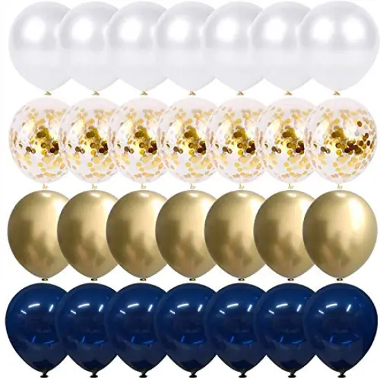 50 pcs 12 Inch Navy Blue and Gold Confetti Balloons - Pearl White and Gold Metallic Chrome Balloons for Birthday, Celebration, and Graduation Party {2}