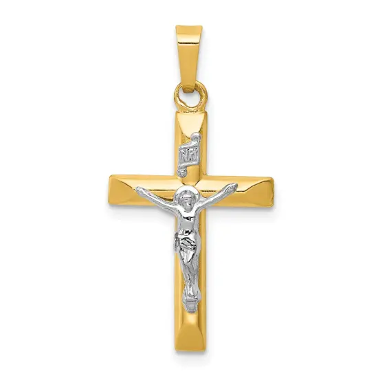 14K Two Tone Gold INRI Hollow Crucifix Pendant Charm {1}
