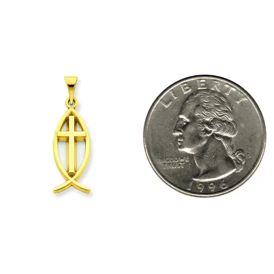 14K Yellow Gold Ichthus Fish Cross Charm Pendant Jewerly 26mm x 9mm {2}