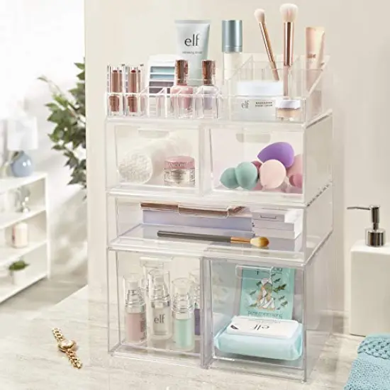Stackable Clear Bin Plastic Organizer Drawers - 2-Piece Set for Organizing Cosmetics and Beauty Supplies on a Vanity, Made in the USA {1}