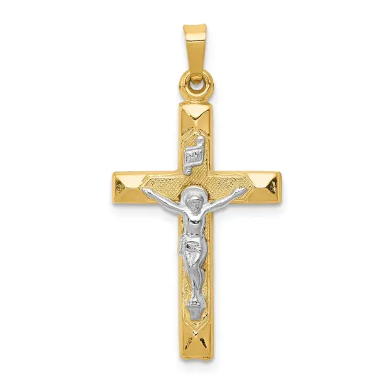 14K Two Tone Gold INRI Hollow Crucifix Pendant Charm Jewerly 33mm x 17mm {1}