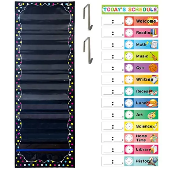 Daily Schedule Pocket Chart Educational Pocket Chart for Classroom Office Home Teachers Preschool Activity Supplies 15 Pockets 14 Double-Sided Reusable Dry-Eraser Card 13 x 37 Inches {1}