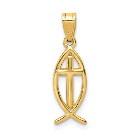 14K Yellow Gold Ichthus Fish Cross Charm Pendant {1}