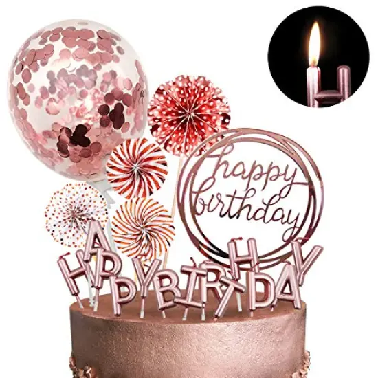Rose Gold Cake Topper Decoration Set - Includes Happy Birthday Candles, Banner, Confetti Balloons, and Paper Fans for Rose Gold Theme Party Decor for Girls and Women&rsquo;s Birthday Parties {2}