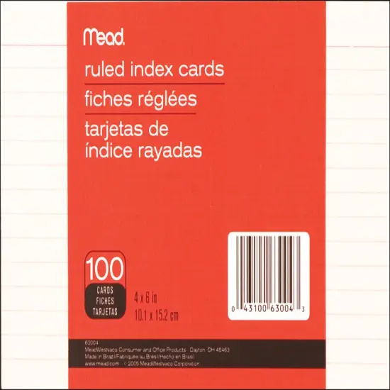 Mead Index Cards 4"X6" 100/Pkg-Ruled White {1}