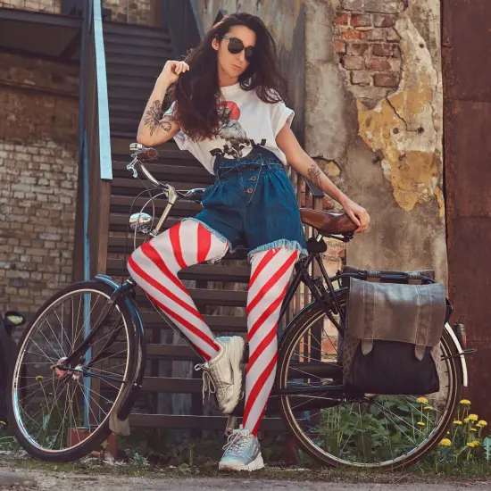 Candy Cane Striped Tights &ndash; Red and White Diagonally Striped Nylon Stretch Pantyhose Stocking Accessories for Every Day Attire and Costumes for Teens and Children's {5}