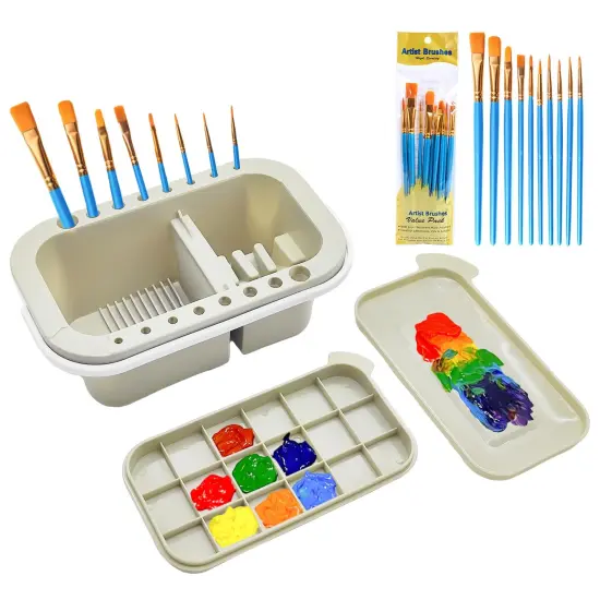 Paint Brush Cleaner,Paint Brush Basin with 10 PCS Paint Brushes,Paint Brush Holder and Organizers with Palette for Acrylic, for Watercolor and Water Based Paints (Gery) {2}