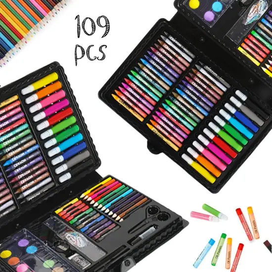 109 Pieces Deluxe Art Set for Kids, Painting & Drawing Art Supplies in a Plastic Case with Markers, Watercolor Cakes, Color Pencils, Great Art Kit Gift for Christmas New Year {1}