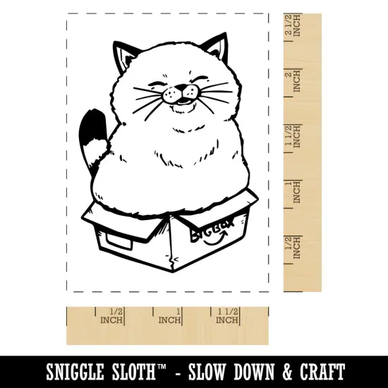 Chubby Happy Cat Sitting in Box Rectangle Rubber Stamp for Stamping Crafting {1}