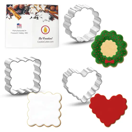 CookieCutter.com Mini Fluted Heart Round Square Cookie Cutter 3 Pc Set HS0468 - USA Made {1}