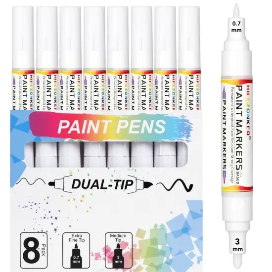 8 Pack White Paint Marker - Dual Tip Oil Based White Permanent Markers,Extra Fine Tip & Medium Fine Tip(0.7mm & 3mm),Quick Drying, Waterproof, Marker Pen for Fabric, Easter Egg, Glass {2}
