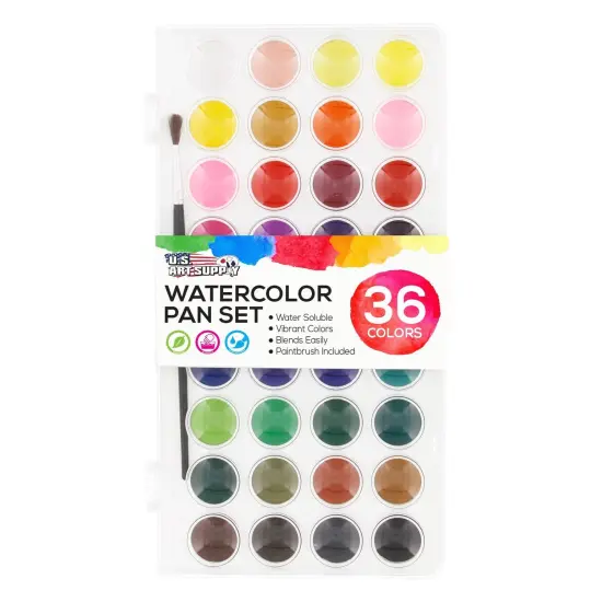36 Color Watercolor Artist Paint Set with Plastic Palette Lid Case and Paintbrush - Watersoluable Cakes {2}