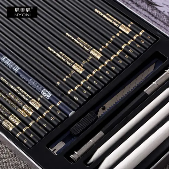 29 Pieces Sketching Pencils Set, Metal Box Packaging, Including Graphite Pencils、Charcoal Pencils、Blending Stumps and other tools for drawing (A set). {4}