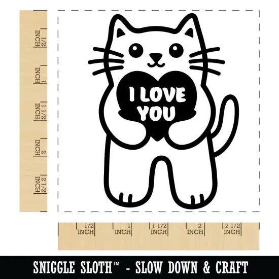 Cat Holding I Love You Heart Anniversary Valentine's Day Square Rubber Stamp for Stamping Crafting {1}